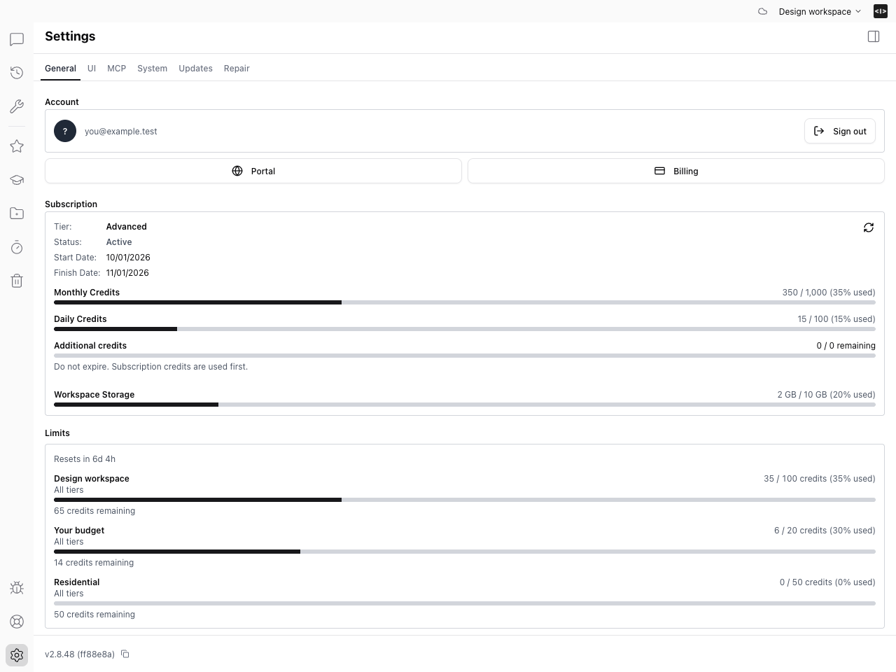 Weekly workspace, personal, and project credit limits in Studio settings.