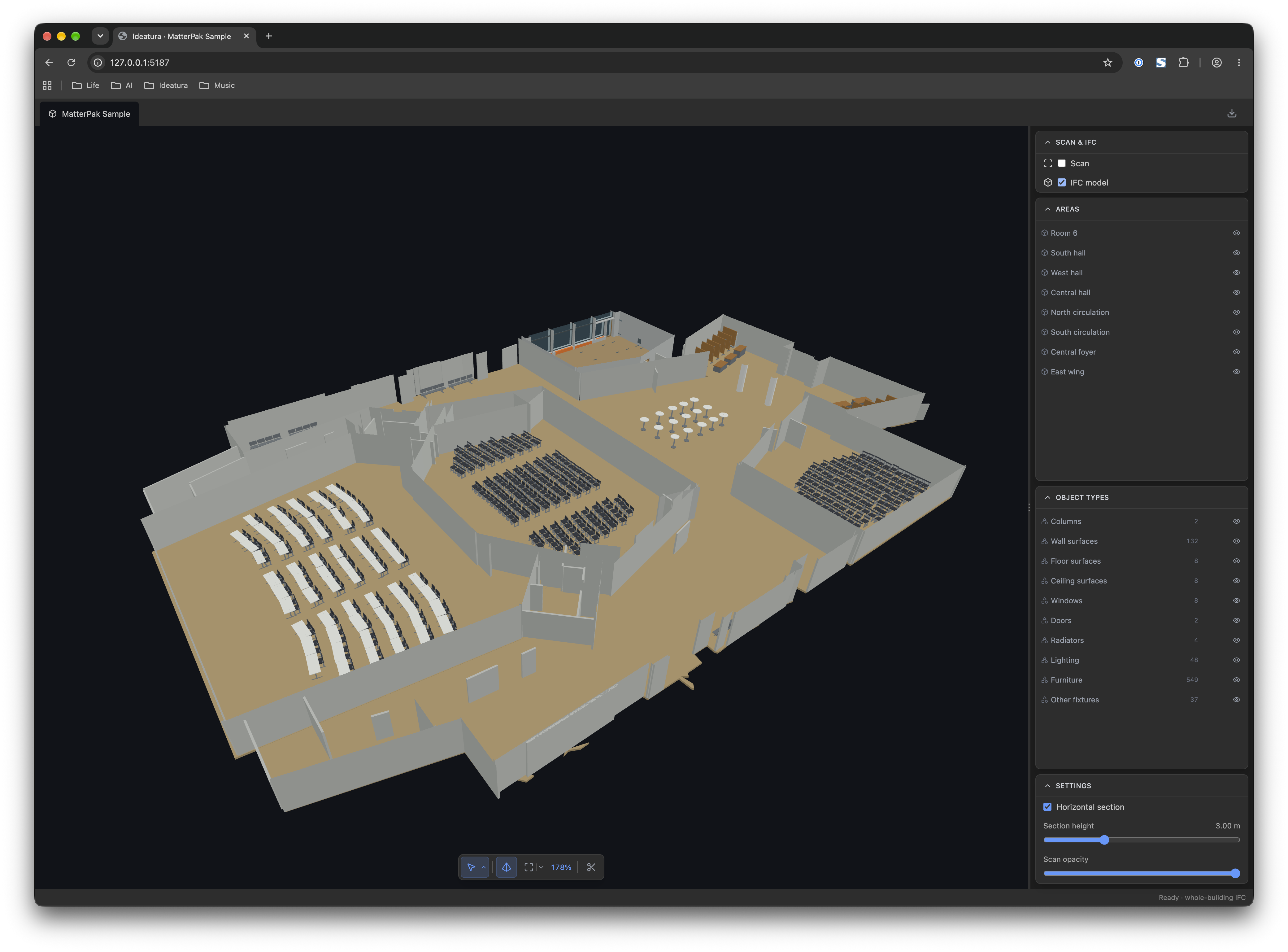 IFC model reconstructed from the Matterport scan, shown from the same viewpoint.
