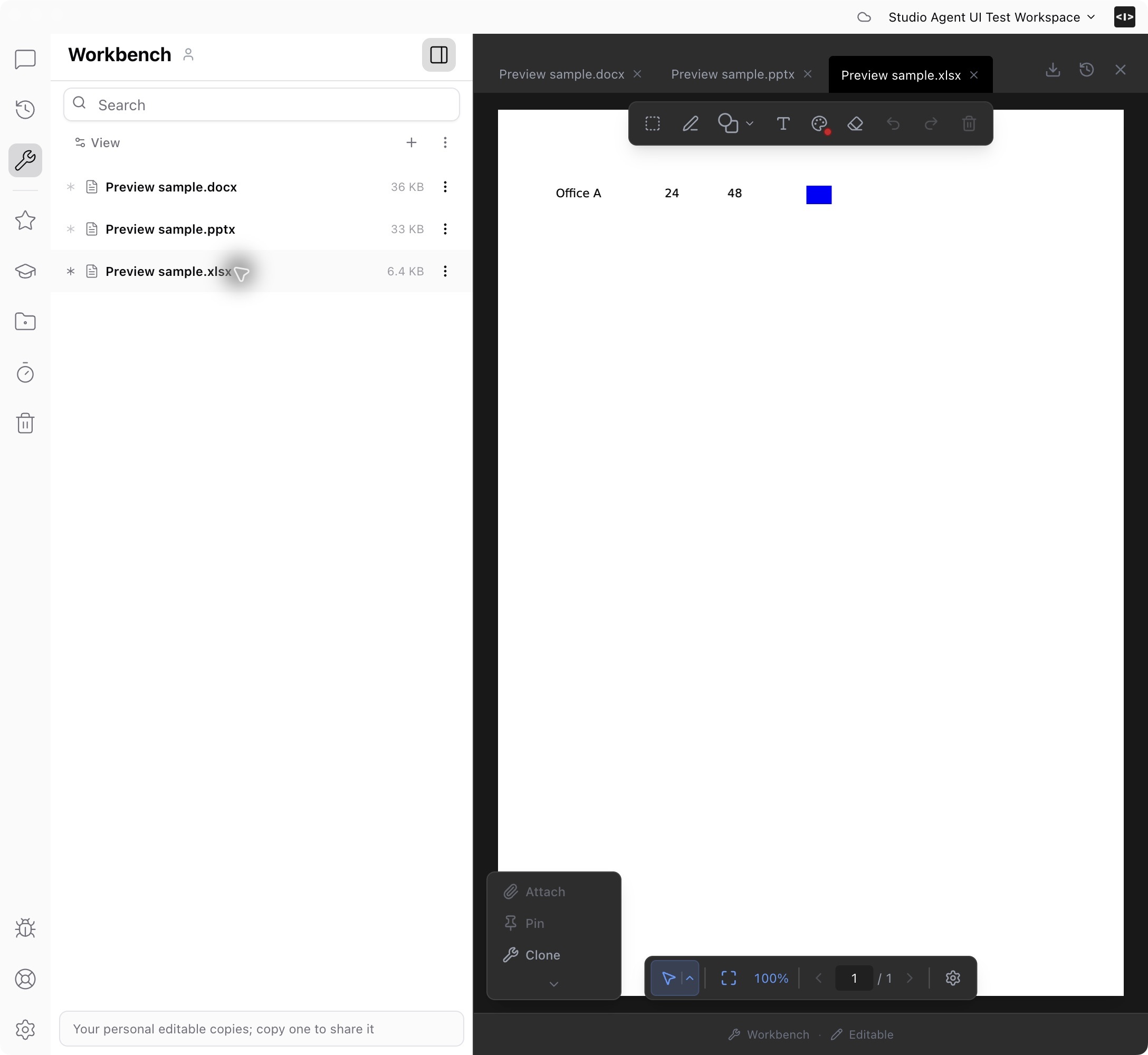 Word, PowerPoint, and Excel files in Workbench, with an Excel file open in preview.