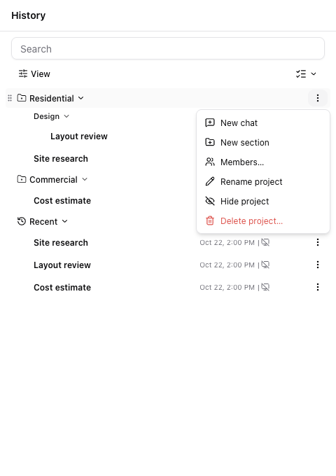 Chats organized into projects and sections, with project membership controls.