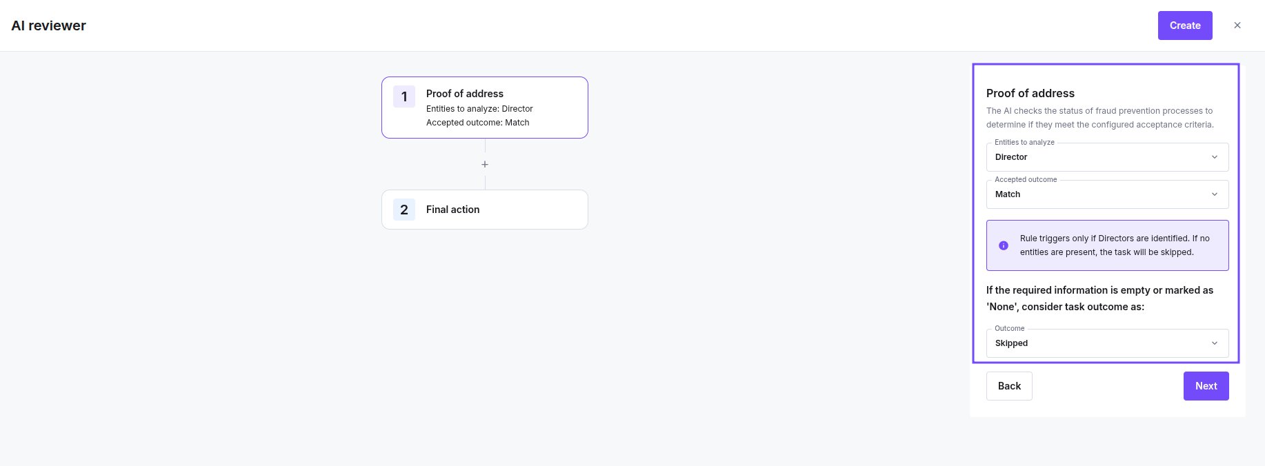 Proof of address task configuration showing Entities to analyze set to Director, Accepted outcome Match, and the outcome dropdown for empty or None information