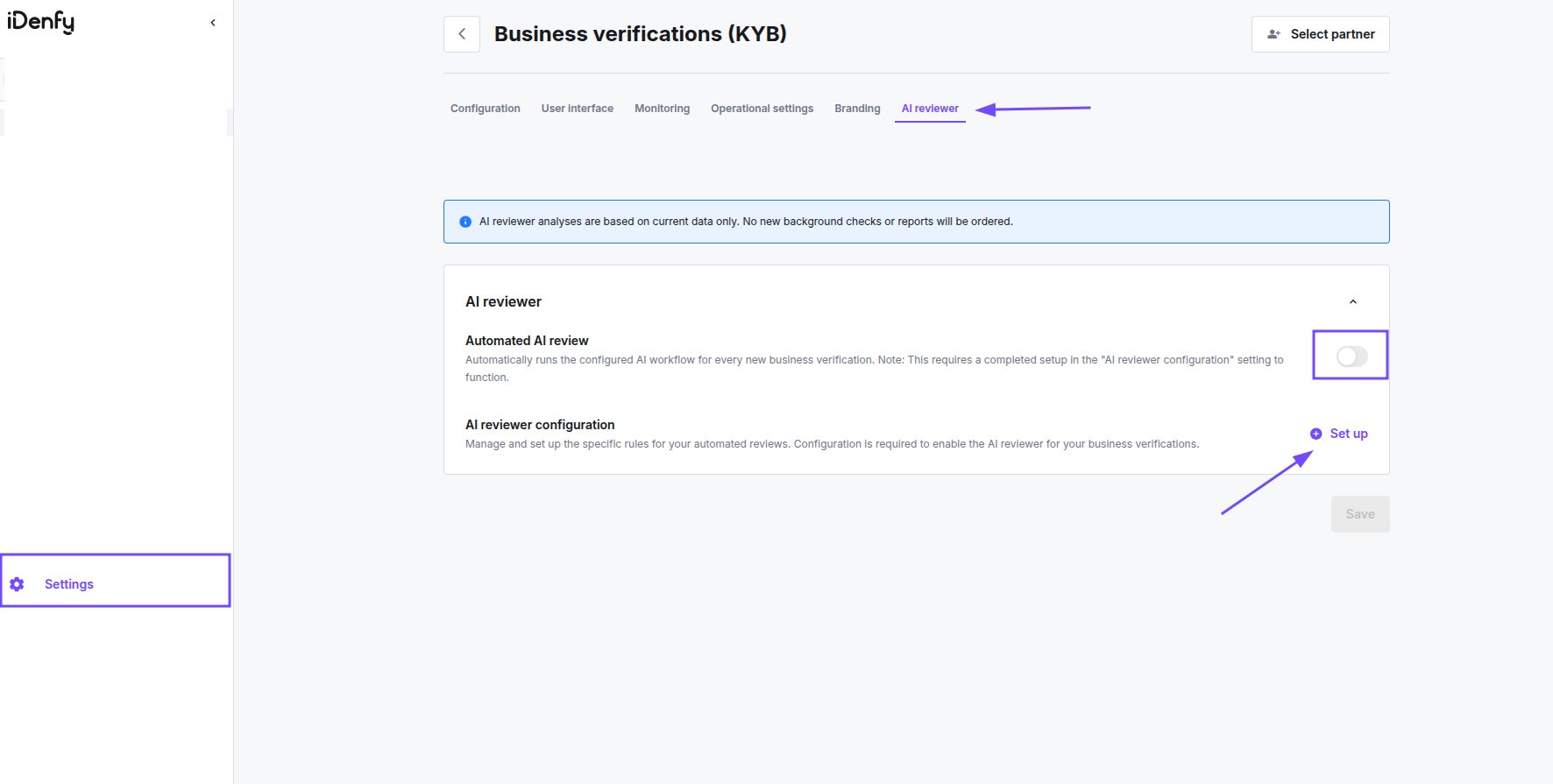 AI reviewer tab under Business verifications KYB settings, showing the Automated AI review toggle and the Set up link for AI reviewer configuration