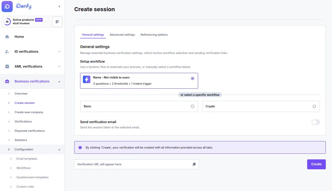 Selecting a dynamic workflow during KYB session creation
