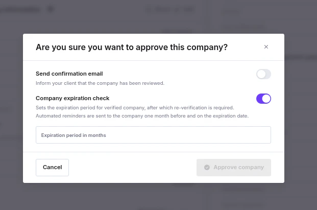 Approve company modal showing Send confirmation email and Company expiration check toggles