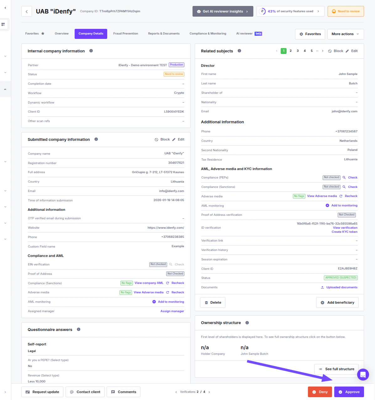 Company details page with Approve button highlighted