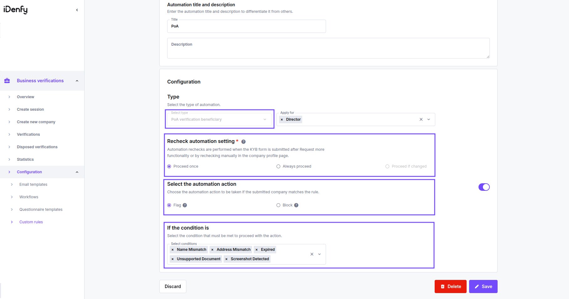 Custom rule configuration form showing the PoA verification beneficiary type applied to Director, recheck setting, automation action, and selected conditions