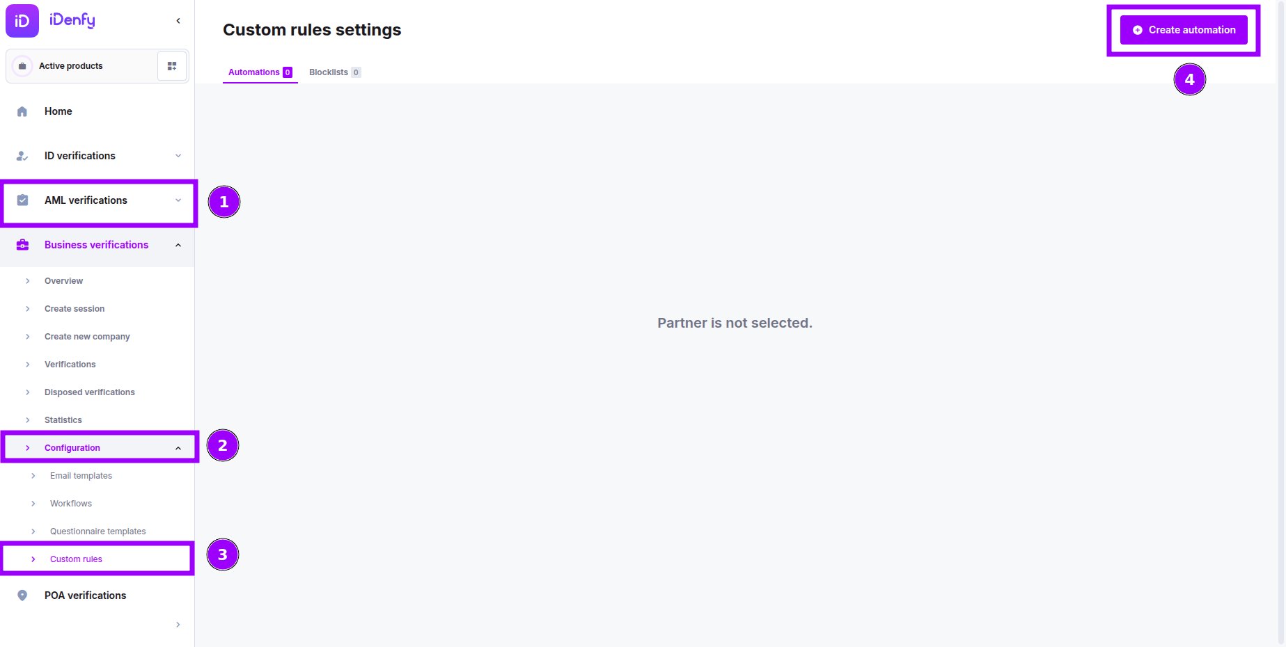 Custom rules settings page showing the Business verifications sidebar path to Configuration and Custom rules, with the Create automation button in the top right