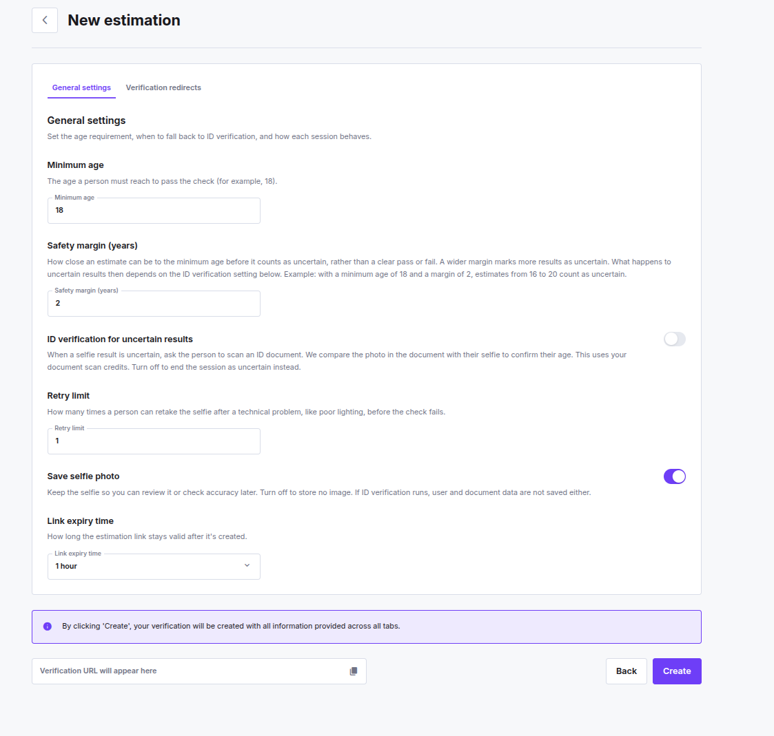 The New estimation form in the iDenfy dashboard, showing the General settings tab with fields for minimum age, safety margin in years, a toggle for ID verification on uncertain results, retry limit, a toggle for saving the selfie photo, and a link expiry time dropdown, above the verification URL field and Create button.