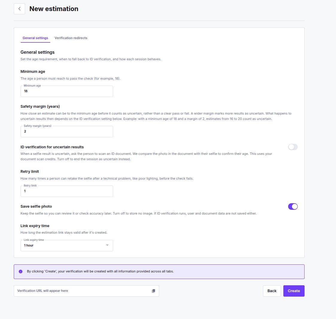 The New estimation form in the iDenfy dashboard, showing the General settings tab with fields for minimum age, safety margin in years, a toggle for ID verification on uncertain results, retry limit, a toggle for saving the selfie photo, and a link expiry time dropdown, above the verification URL field and Create button.
