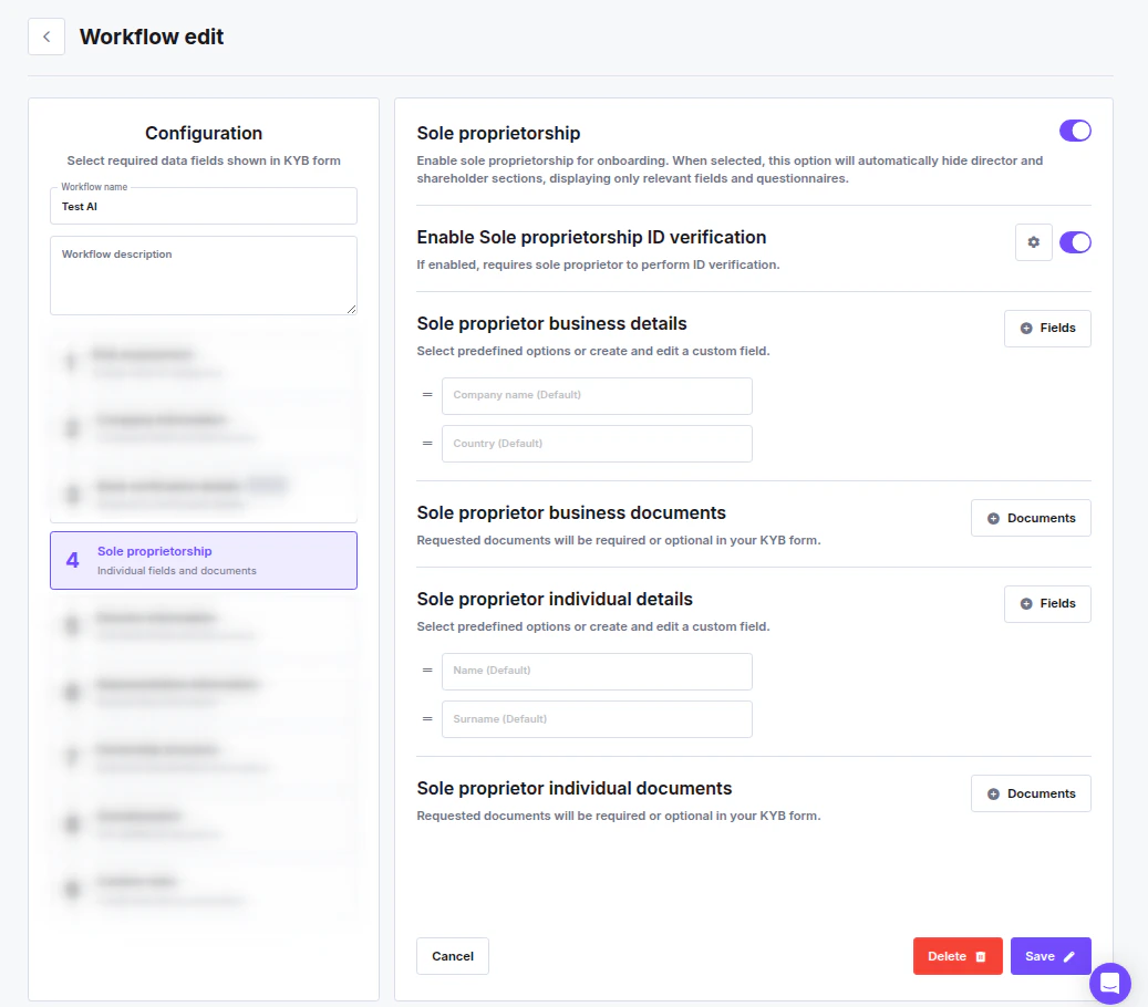 Sole Proprietorship step configuration