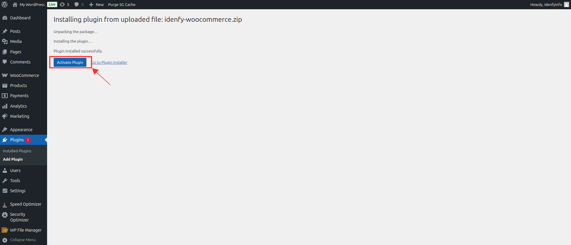 iDenfy WooCommerce plugin activation
