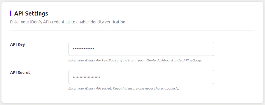 iDenfy WooCommerce API settings