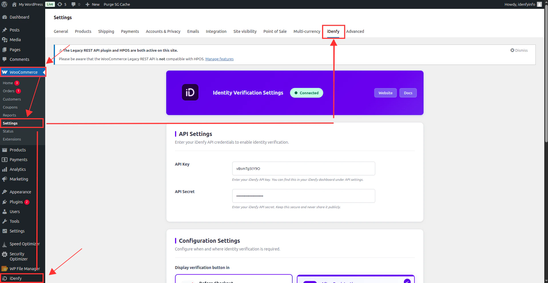 iDenfy WooCommerce plugin settings
