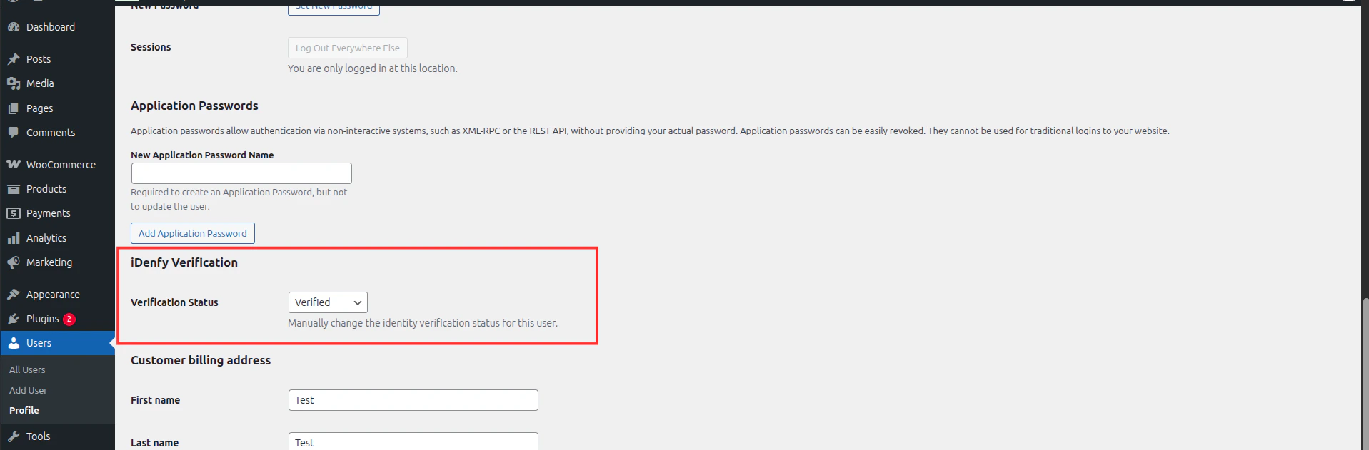 iDenfy WooCommerce user edit