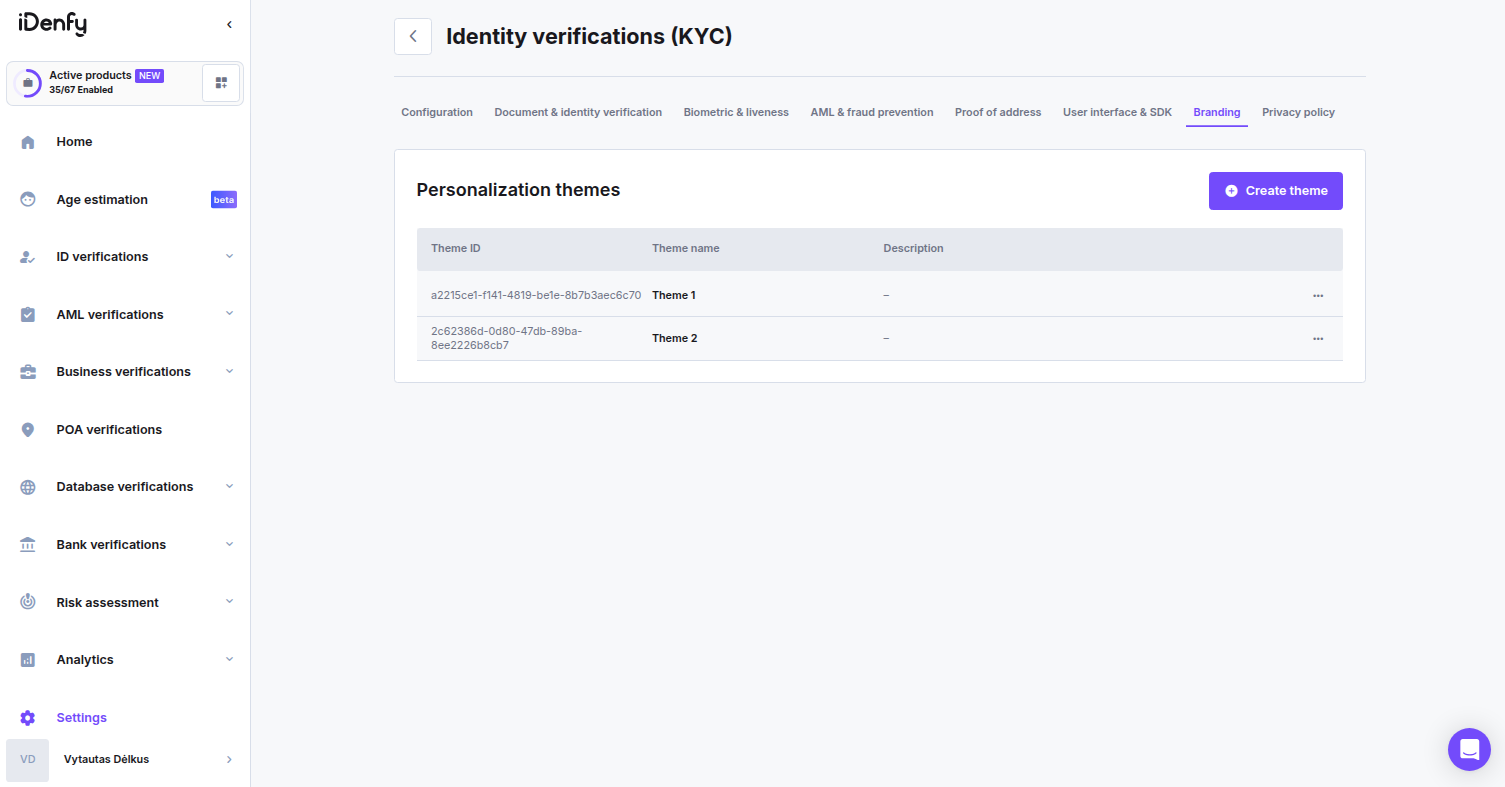 KYC Personalization themes list