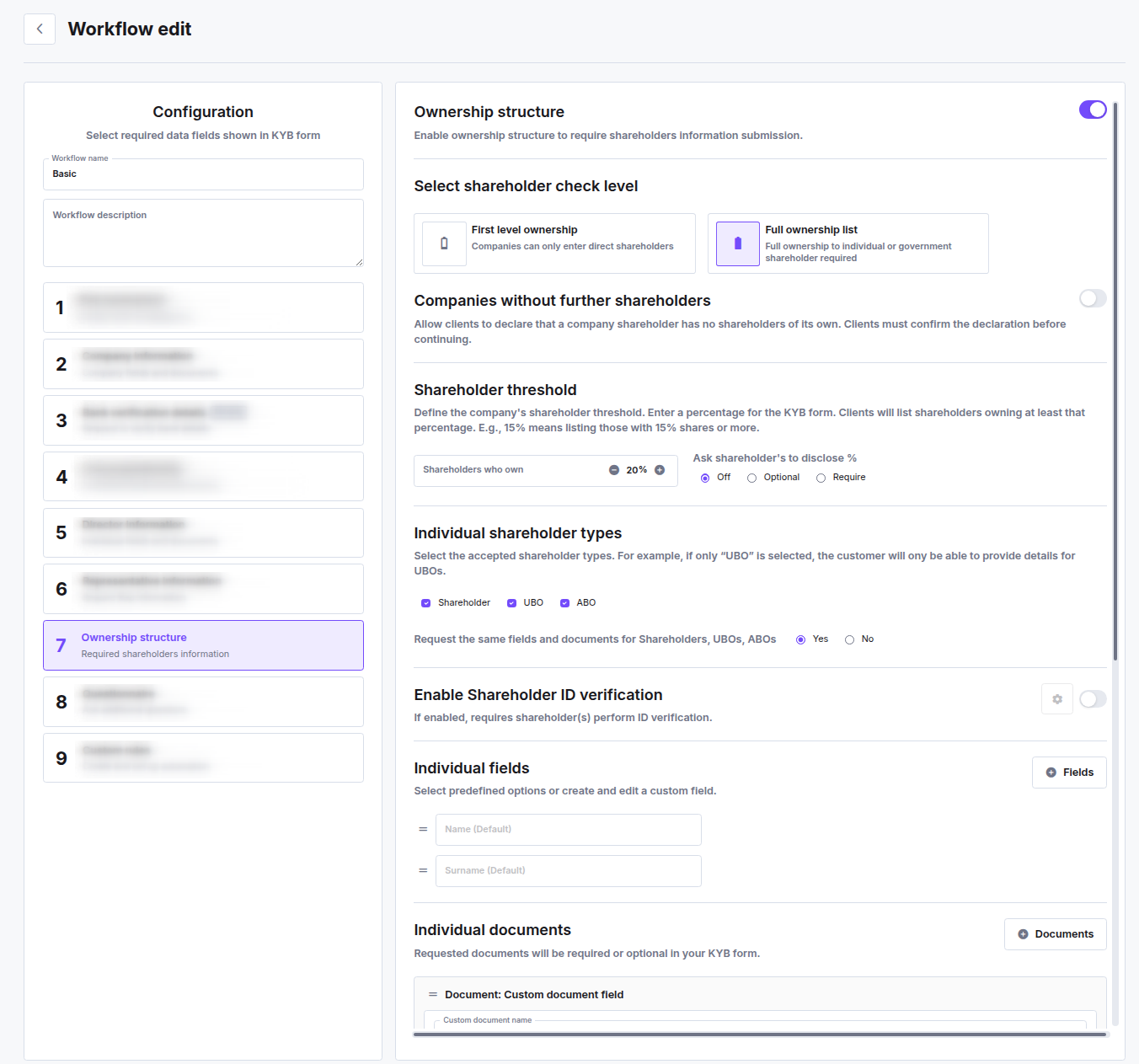 The Ownership structure step of the KYB workflow editor, showing the shareholder check level cards, the Companies without further shareholders toggle, the shareholder threshold, and the individual shareholder types.