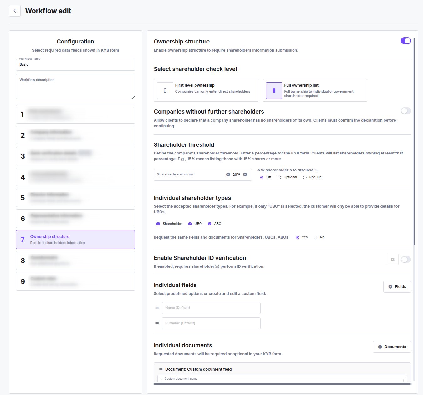 The Ownership structure step of the KYB workflow editor, with the shareholder check level, threshold, and shareholder type settings.