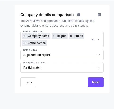 Company details comparison configuration panel showing Data to compare, Data source, and Accepted outcome fields