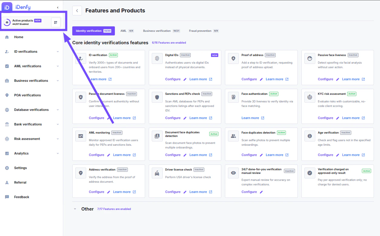Features and Products page in the iDenfy dashboard