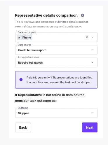 AI Reviewer step configuration showing the "If Representative is not found in data source, consider task outcome as: Skipped" dropdown