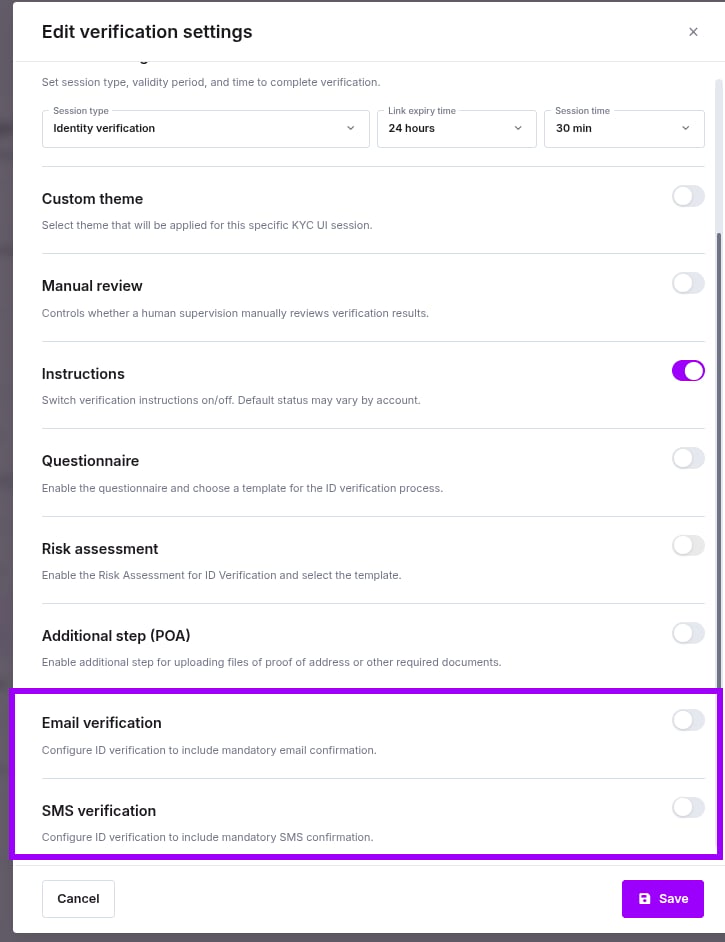 KYB edit verification settings — email and SMS toggles