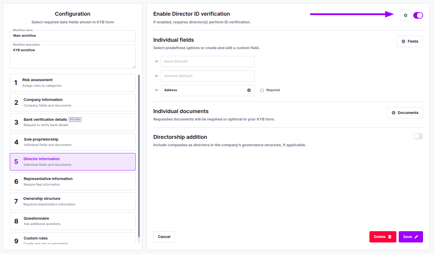 KYB workflow IDV settings