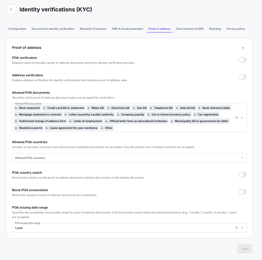 Proof of Address settings overview