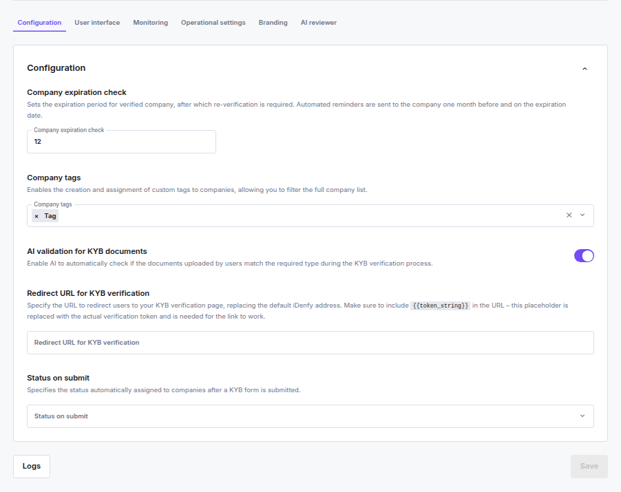 KYB settings — Configuration tab