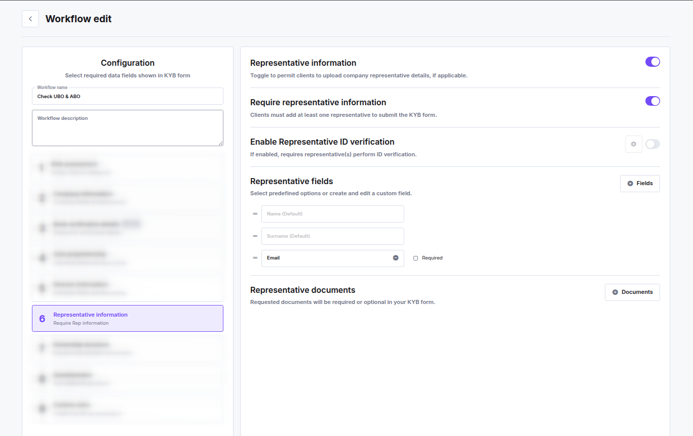 Representative information step configuration