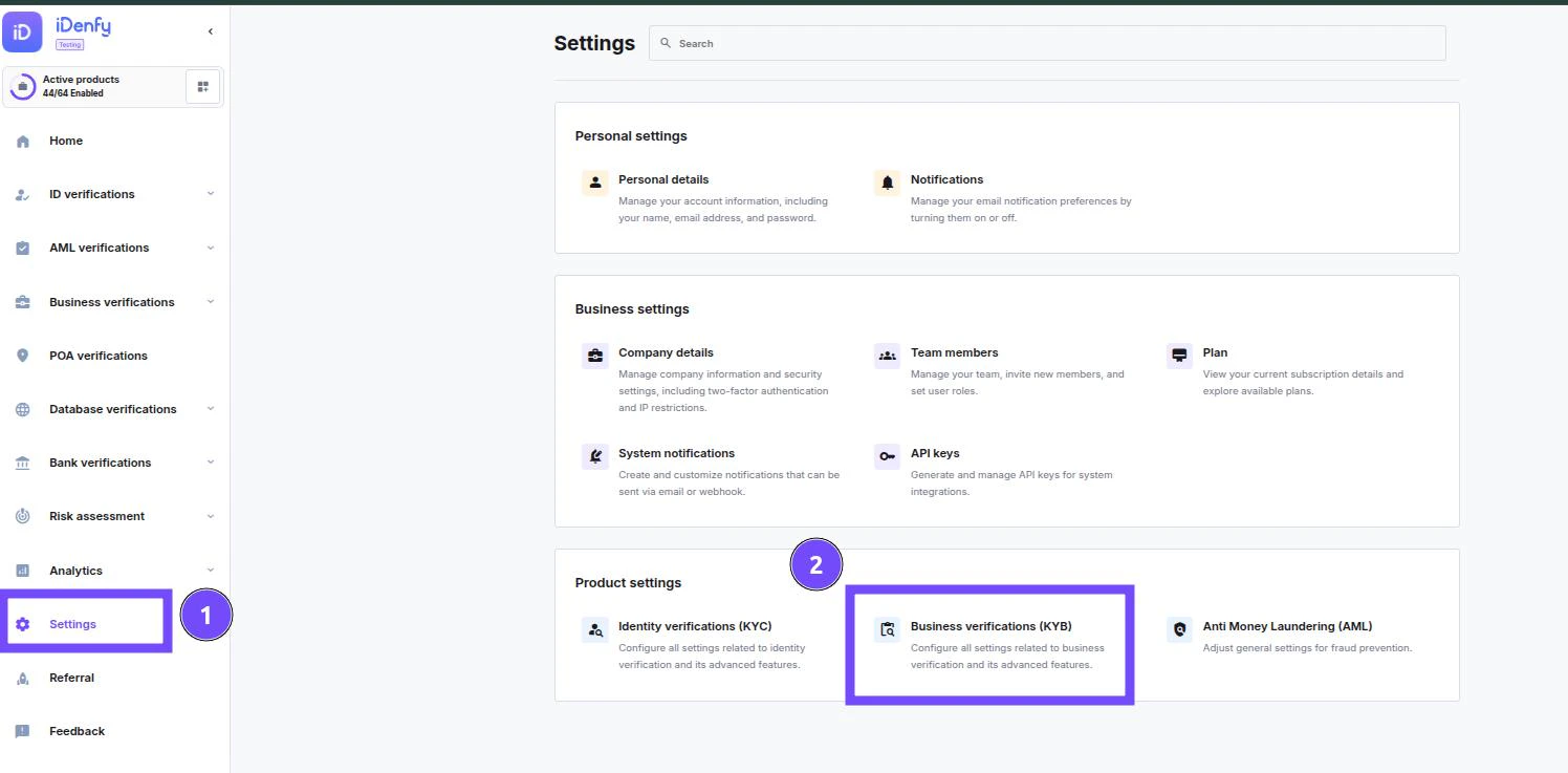 Business verifications settings navigation