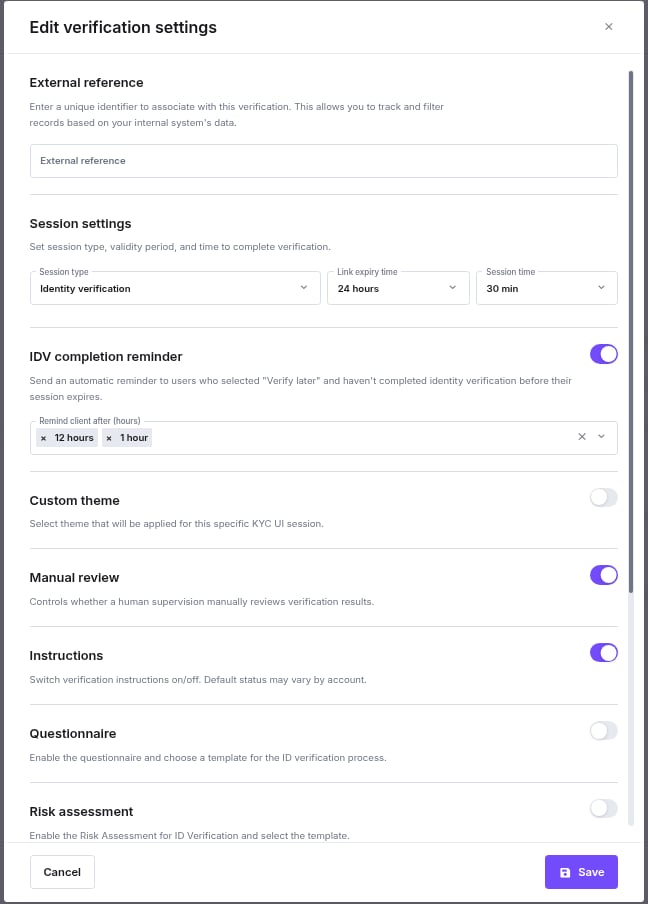 Edit verification settings modal