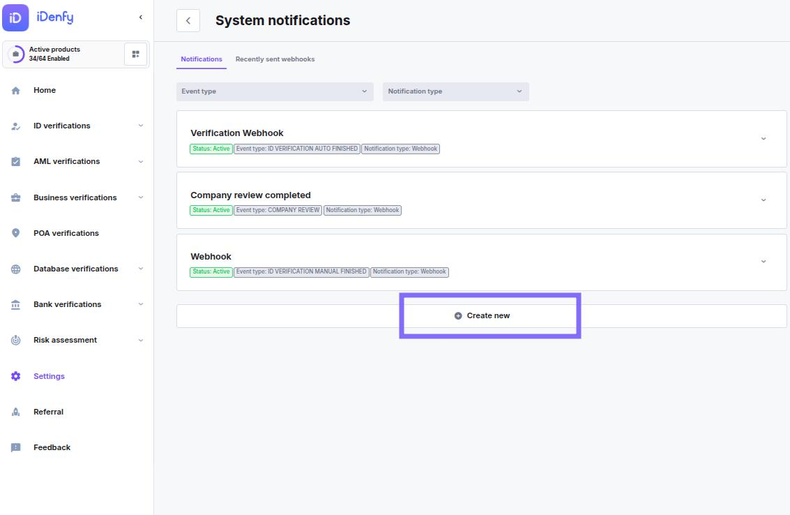 System Notifications for Webhooks and Emails - iDenfy Documentation
