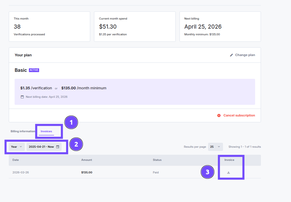 Screenshot of the invoices management interface in the dashboard settings, displaying a table with columns for invoice details such as ID, date, amount, and status, alongside download buttons for each invoice, in a clean web application layout with navigation menus on the left.