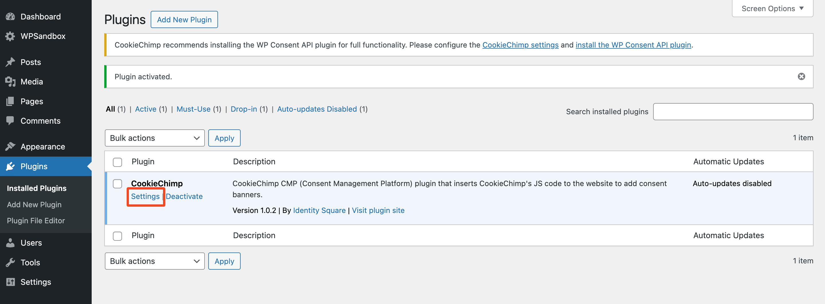 CookieChimp plugin settings