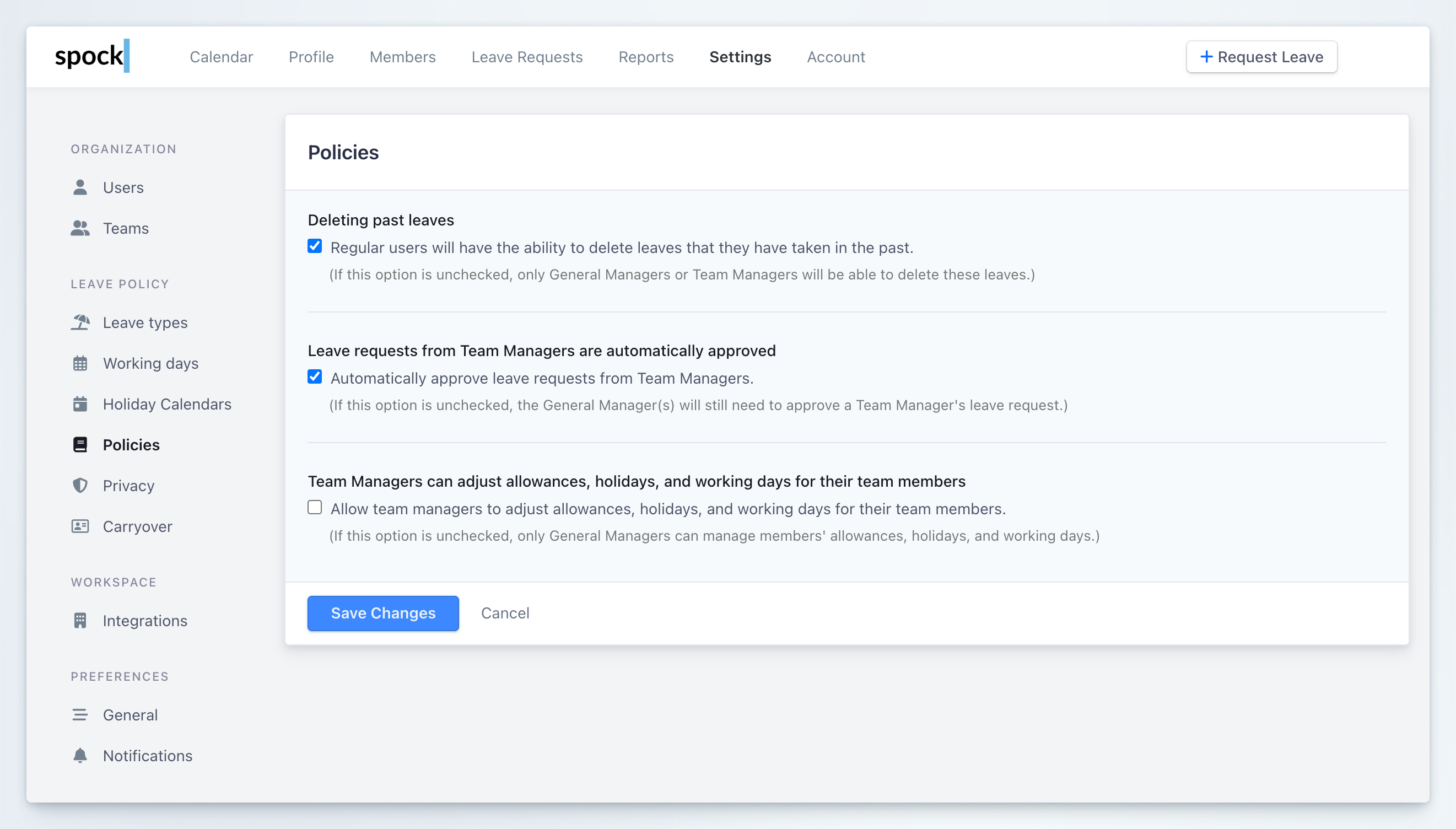 Policies configuration interface