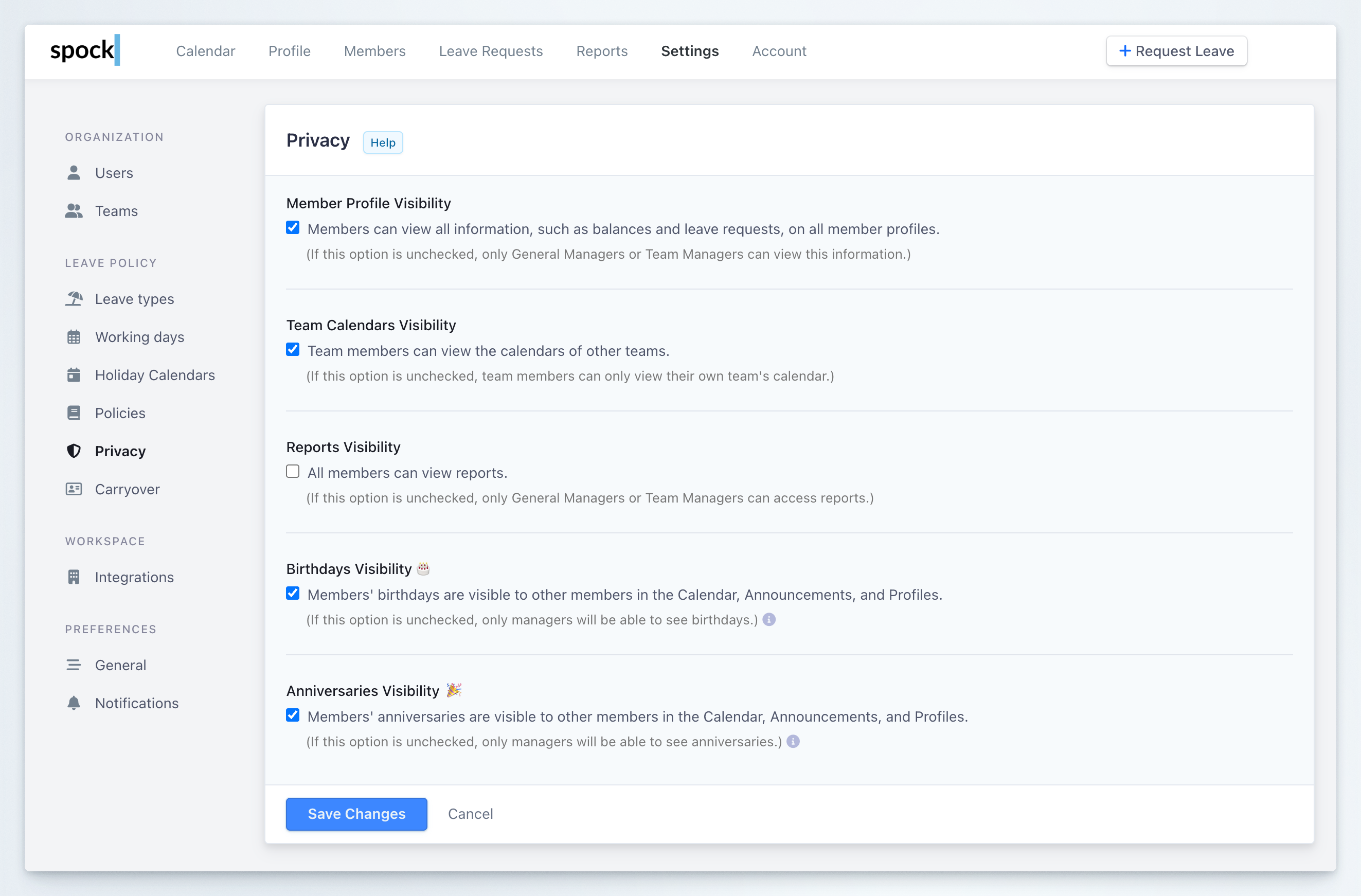 Privacy settings configuration interface
