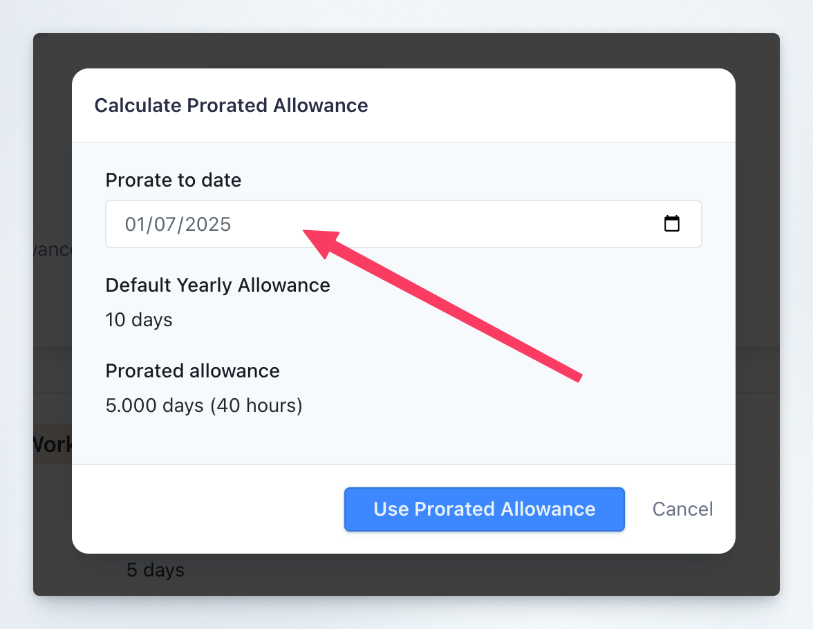 Prorated allowance calculation showing date, default allowance, and calculated prorated value