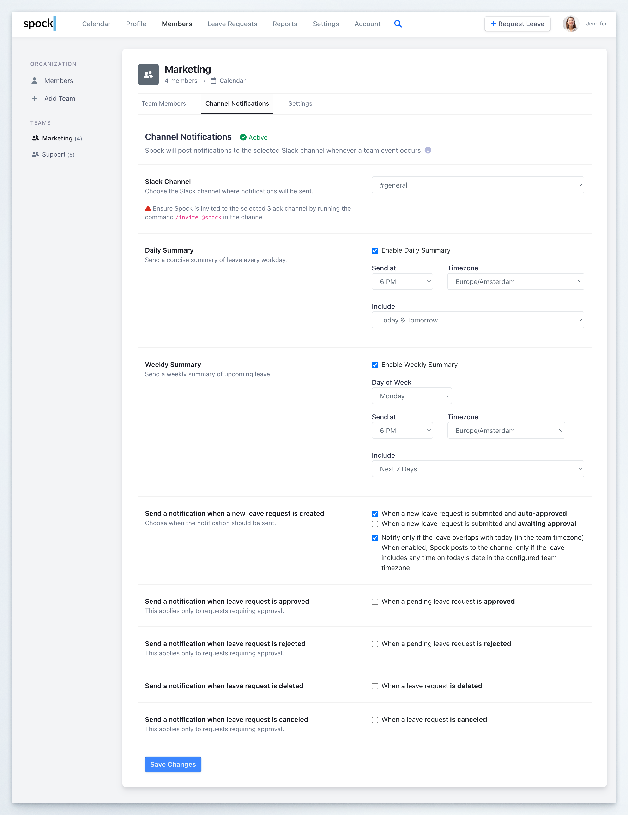 Team channel notifications configuration