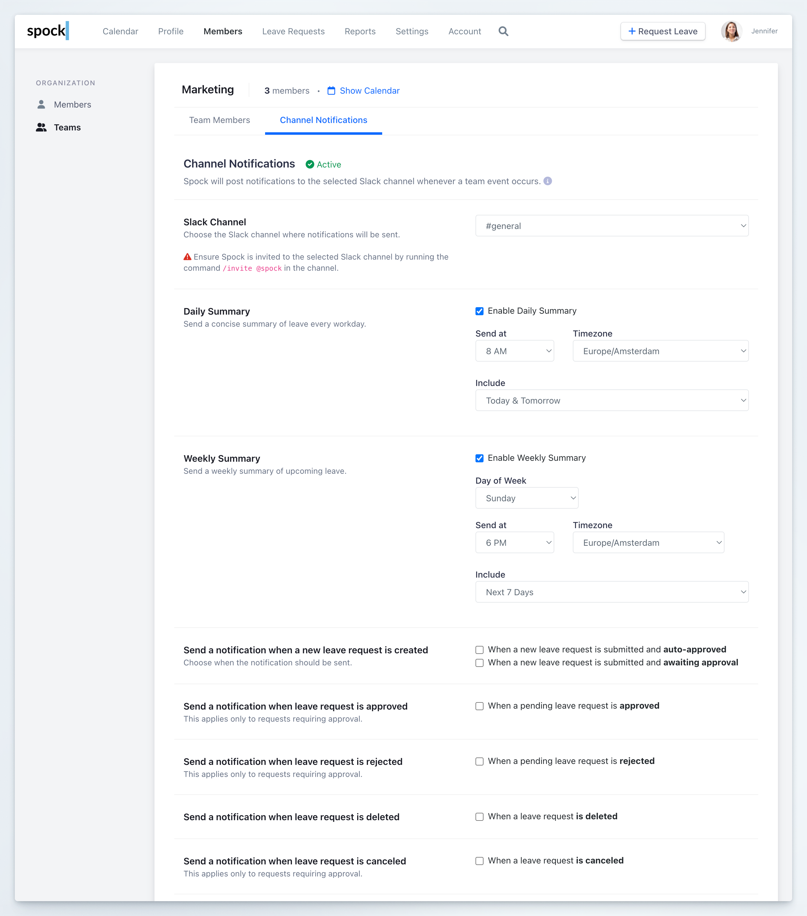 Team channel notifications configuration