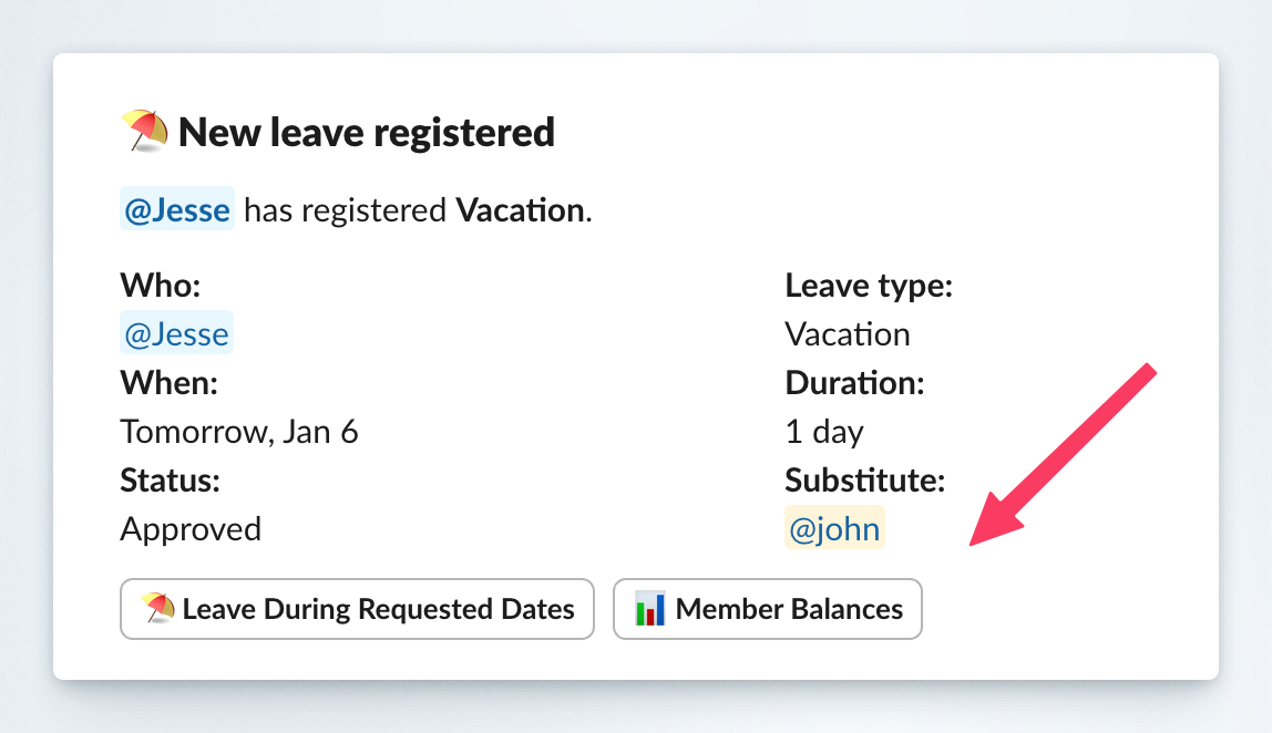 Member Balances button in leave request notification