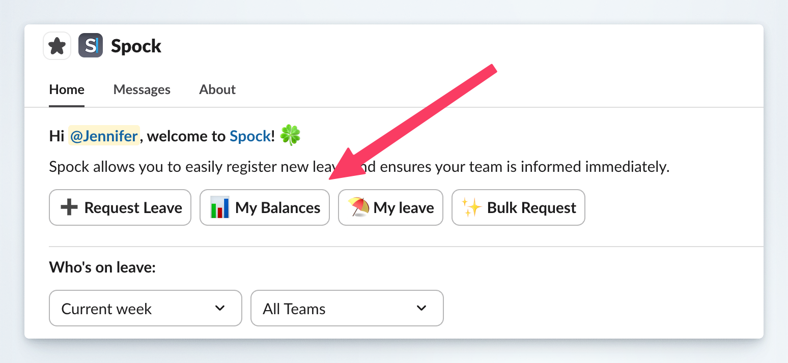 My Balances button in Spock Slack home tab