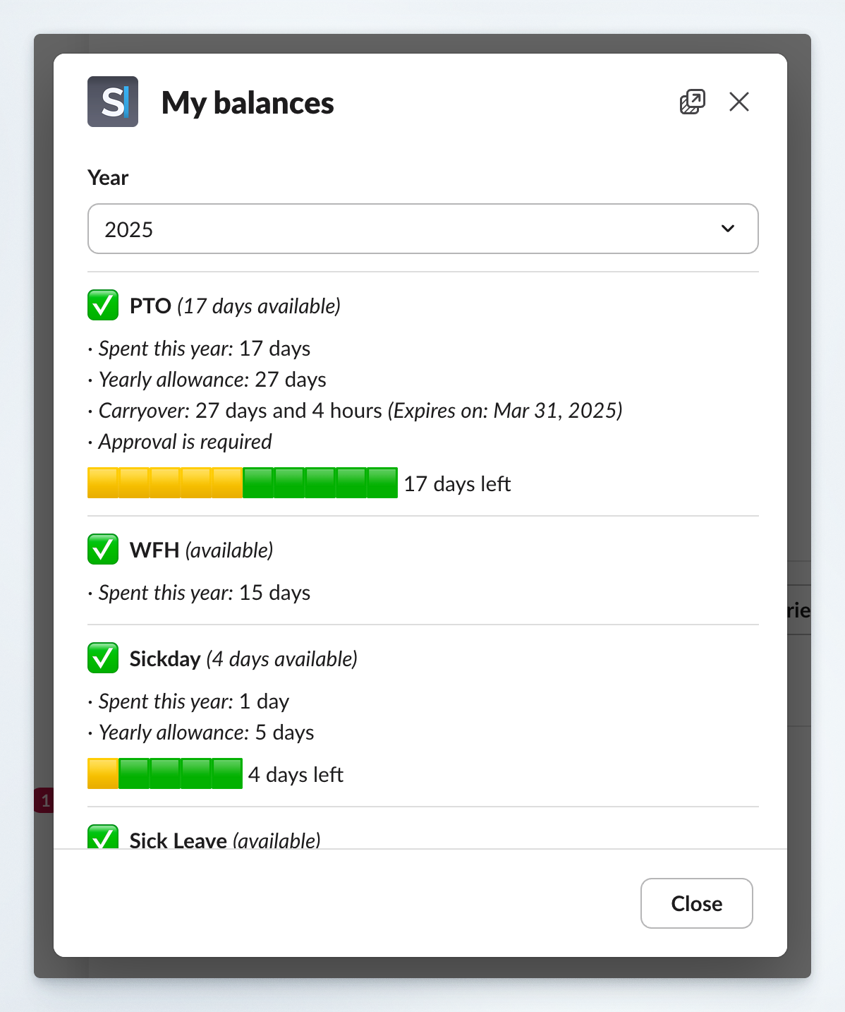 Leave balances modal in Slack showing detailed breakdown