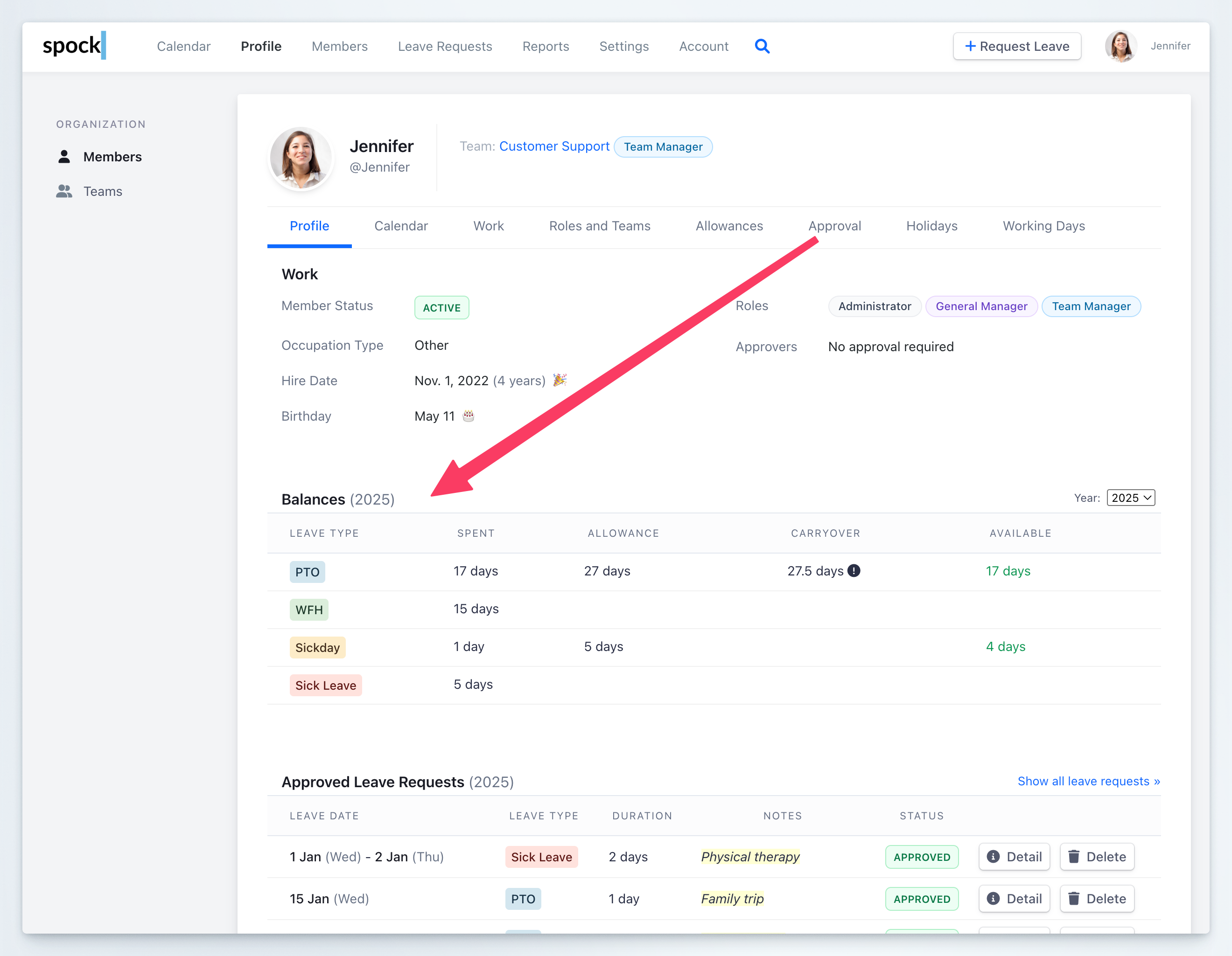 Balances section in user profile on Spock Dashboard