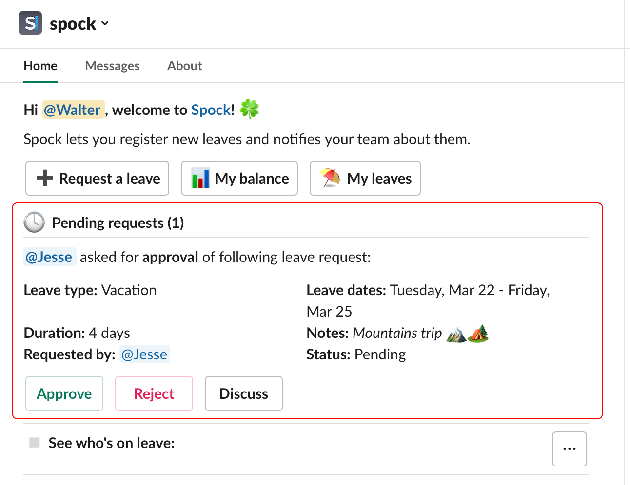 Pending approvals in Slack Home
