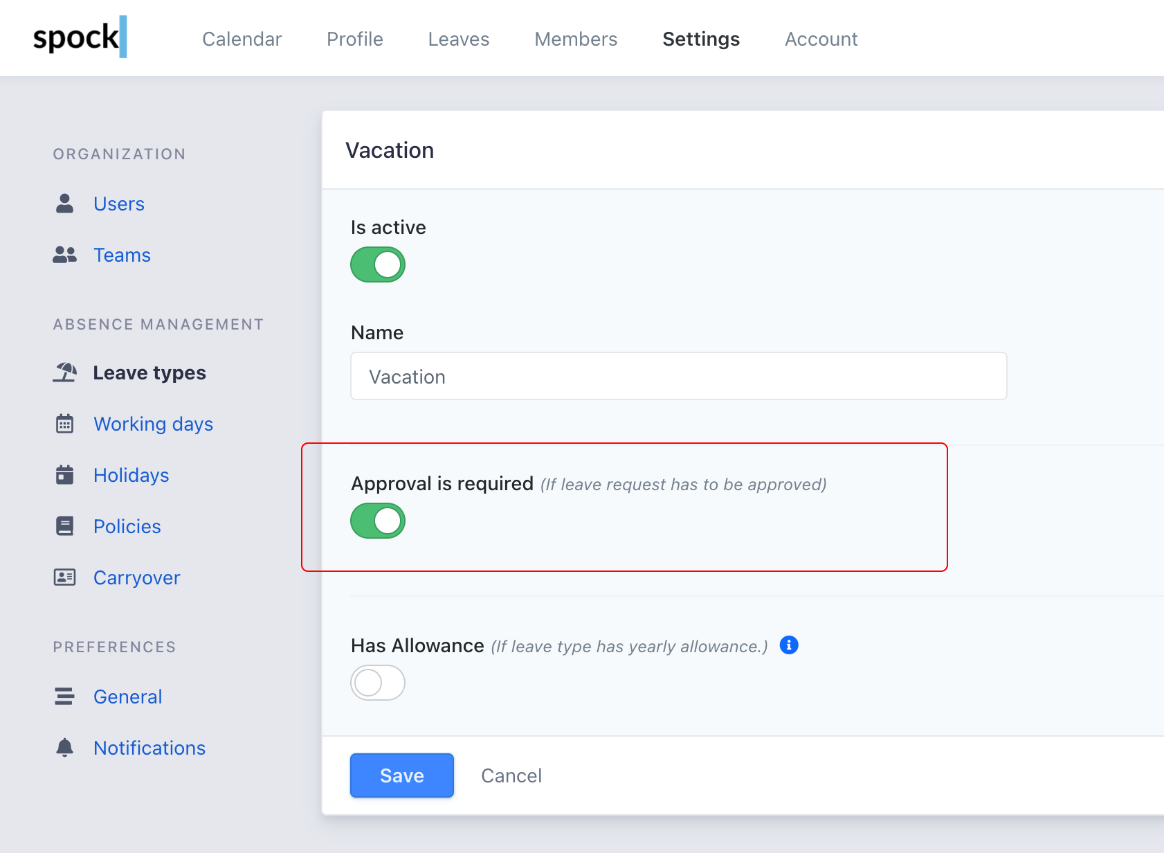Enable approval for leave type