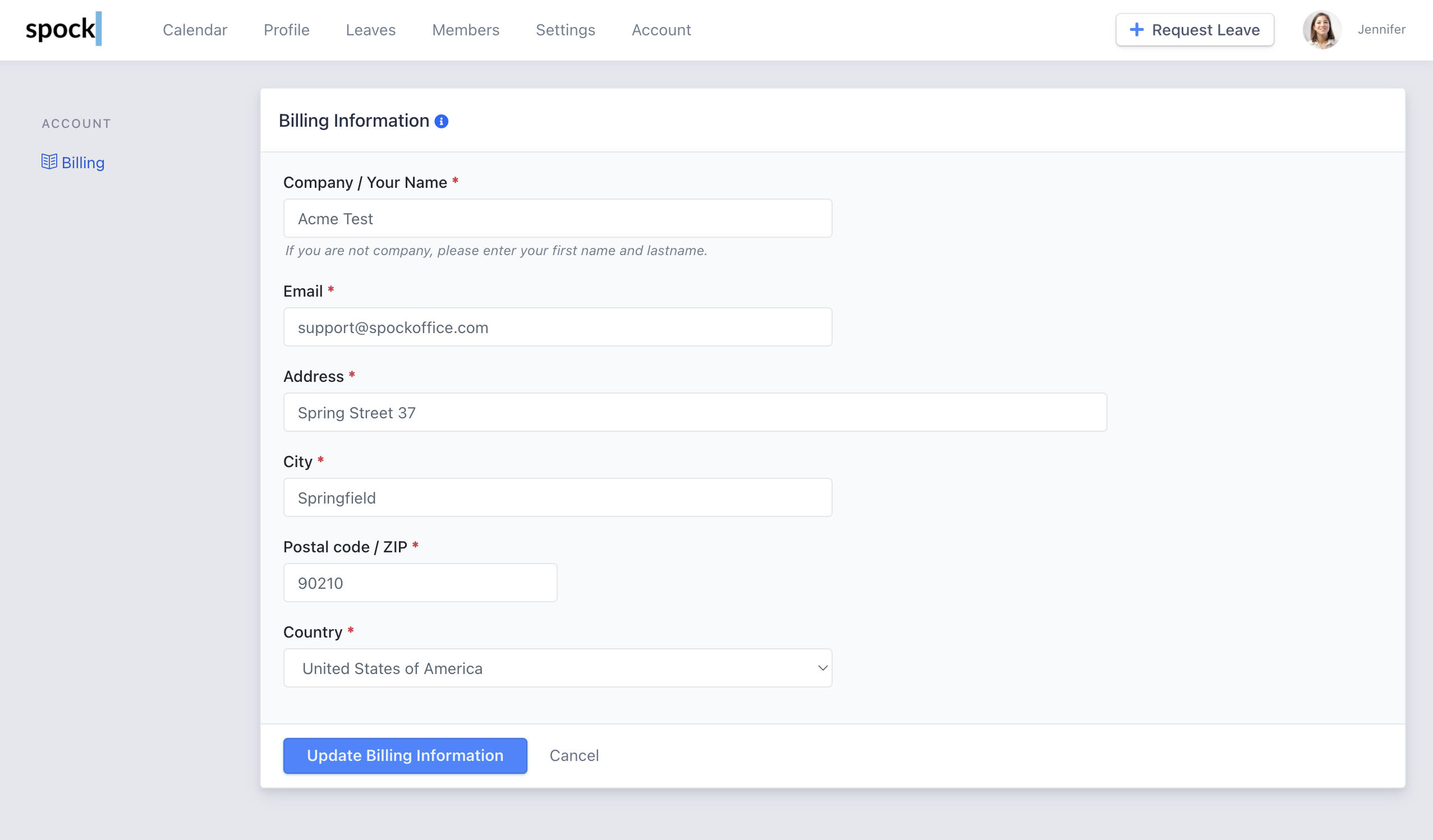 Billing information form