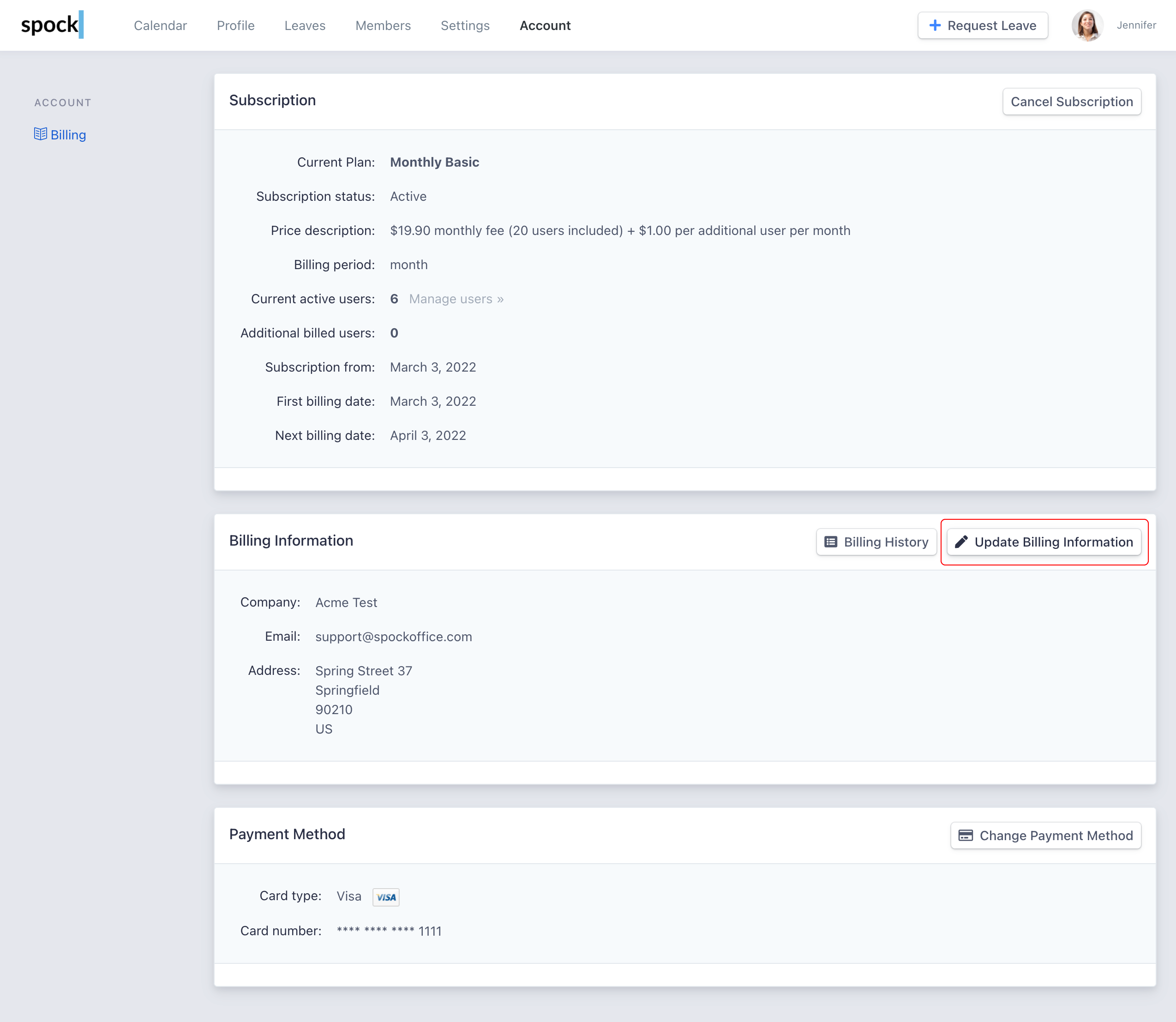 Update Billing Information button