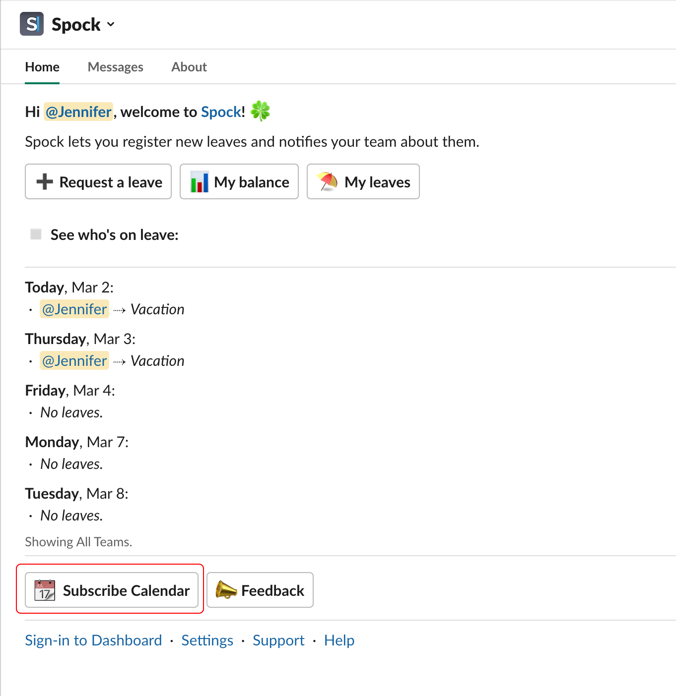 Subscribe calendar in Slack