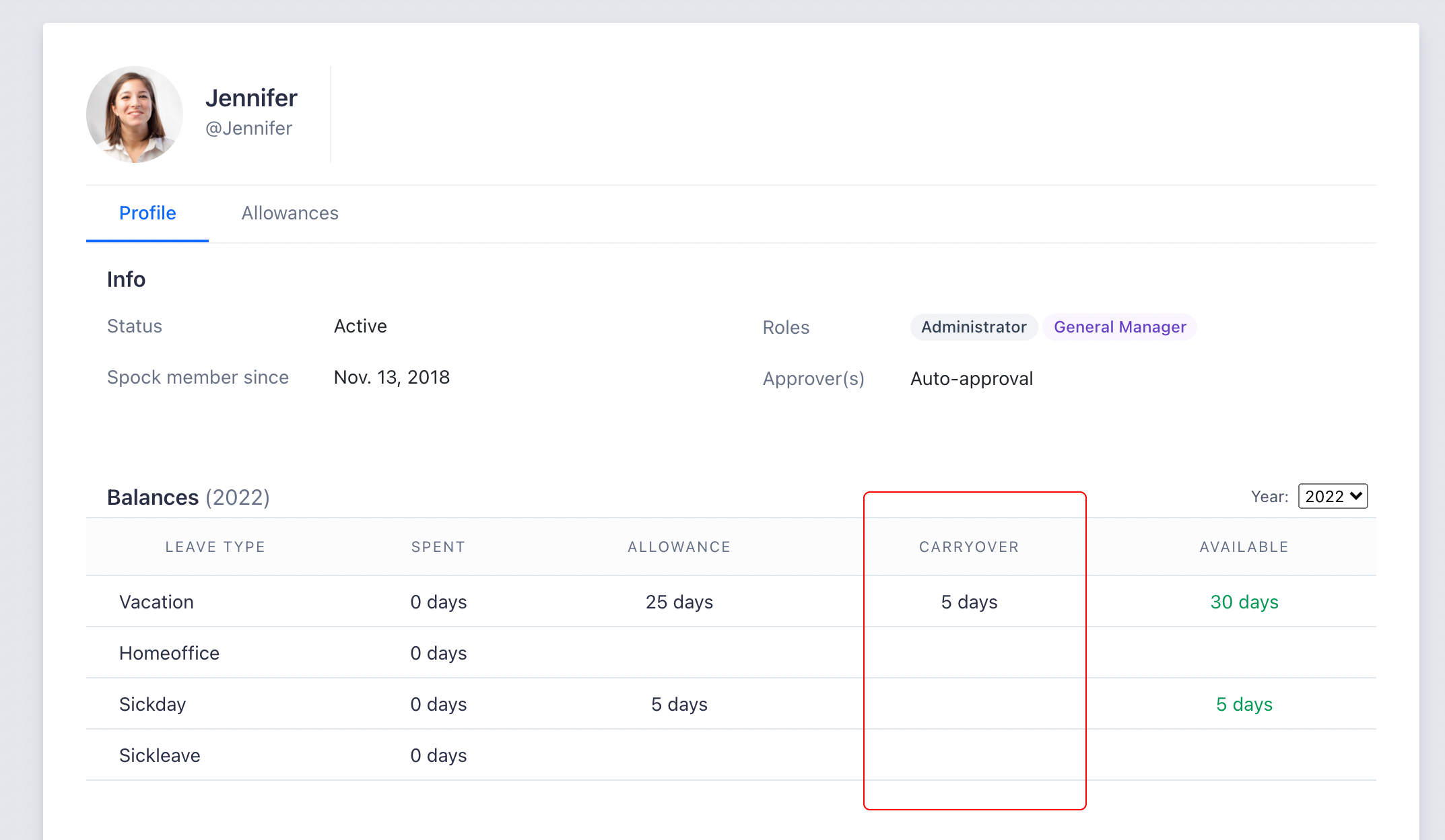 Carryover display in member profile