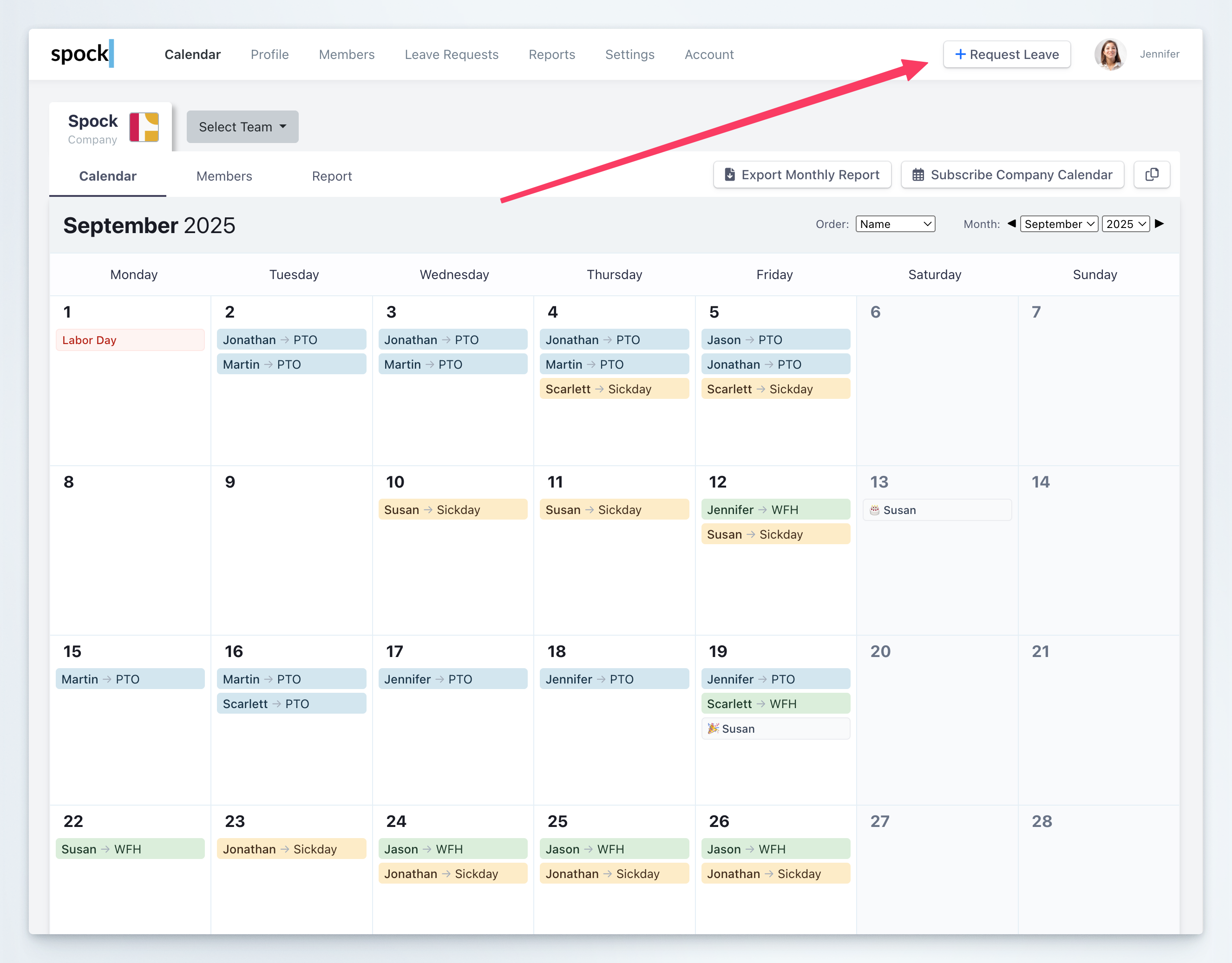 Request leave action in Dashboard
